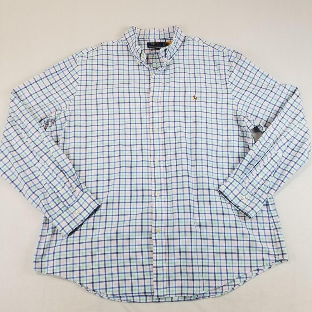 Polo Ralph Lauren Shirt Mens 2XL Blue Check Classic Fit Button Down Long Sleeve